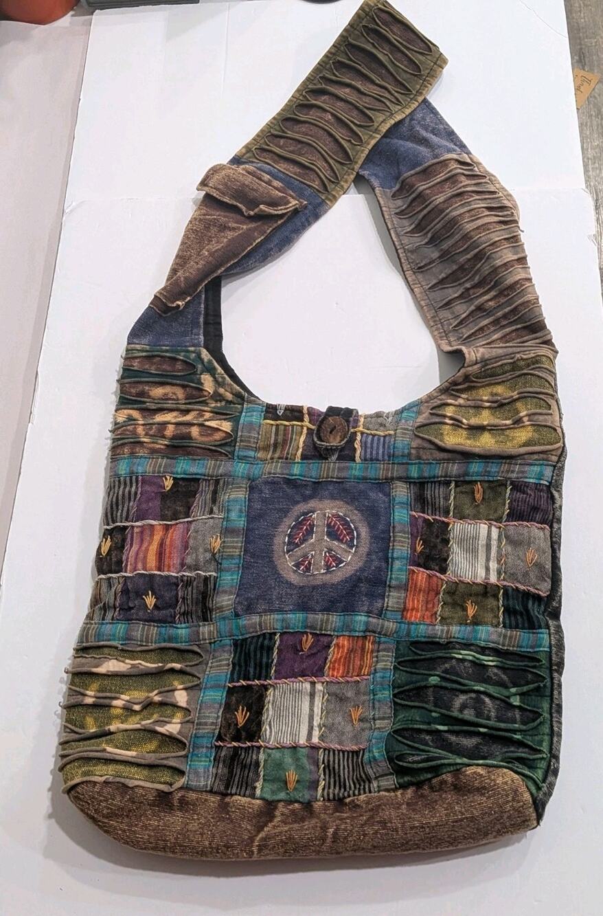 Rising International Sling Hobo Bag Boho Hippie Patchwork Peace Sign Razor Cut